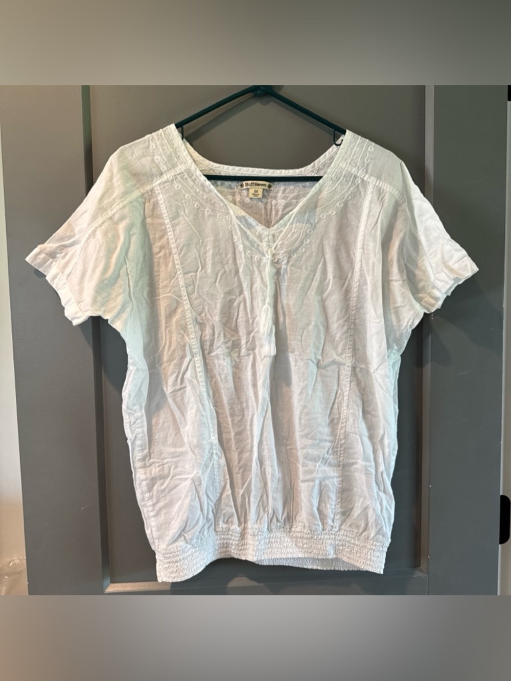 Ruff Hewn Boho White Drawstring Embroidered Top Medium